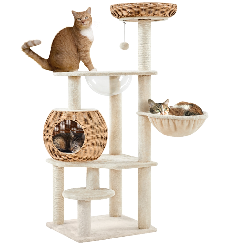 

54in Cat Tree Multi-level Rattan Cat Tower With Woven Condo, Soft Washable Cushion, , & Condo, Anti-tipping, House Toys, Cat Furniture For Indoor Cats,