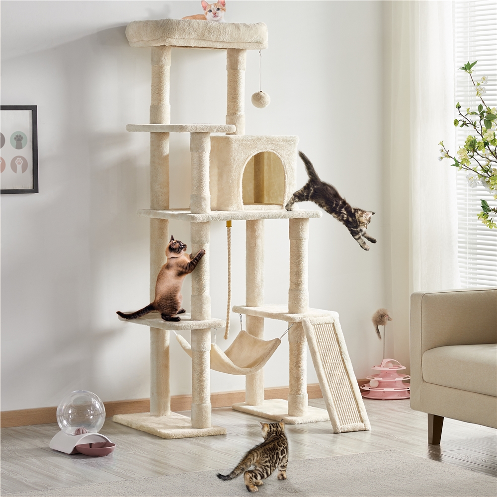 

63in Cat Tree Large Cat Tower With Hammock Scratching Posts, Condo, Perch & Ball, Plush Cat Tree, Gray/beige