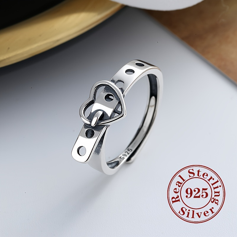 

925 Sterling Silver Adjustable Ring - Vintage Heart Belt Design - Neutral Elegant Fashion Vintage Y2k Style, Suitable For Everyday Dress And Party - High Quality Jewelry Gift For Women