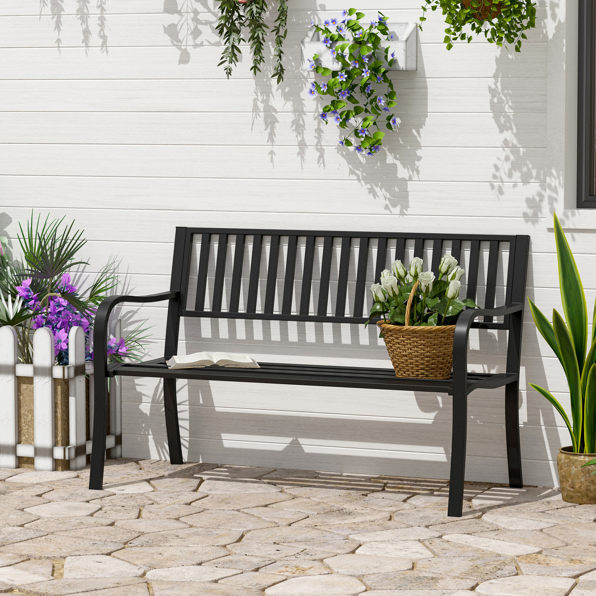 

Outsunny 50" Outdoor Garden Bench, Patio Bench With Slatted Seat, Metal Porch Bench For Backyard, Poolside, Lawn, Black