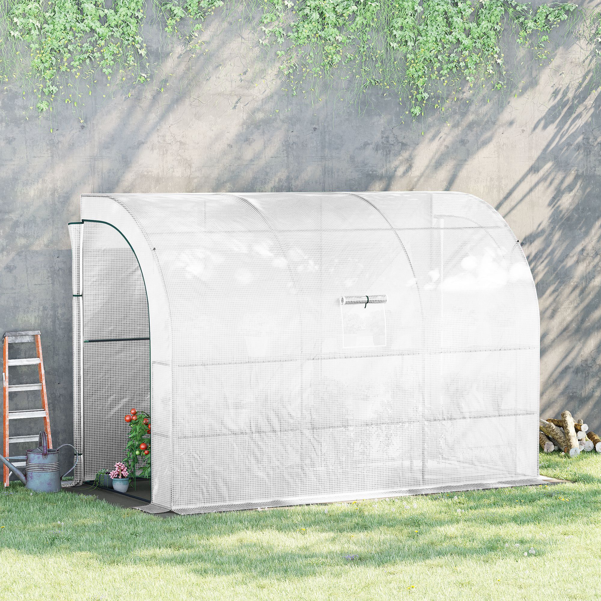 

Outsunny 10' X 5' X 7' Lean To Greenhouse, Walk-in Green House, Plant Nursery With 2 Roll-up Doors And Windows, Pe Cover And 3