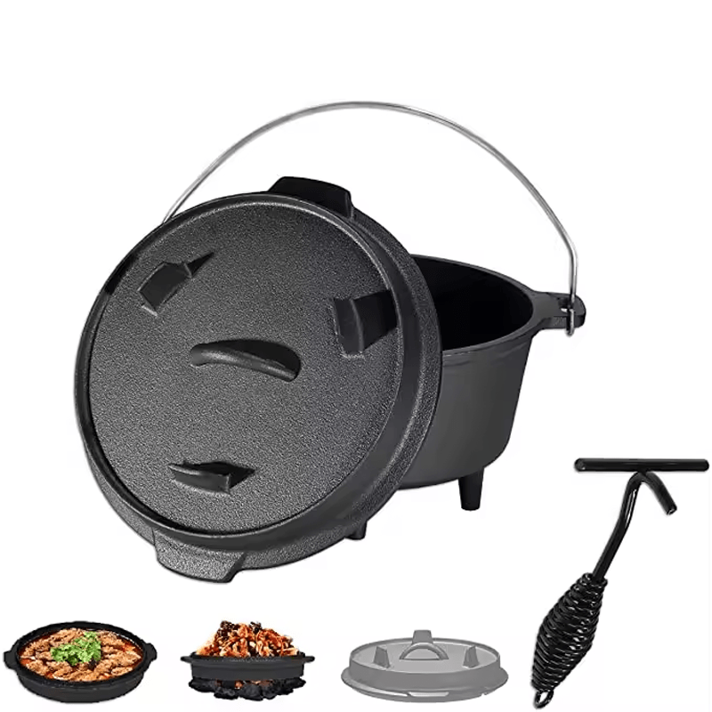 

Camping Dutch Oven, Pre-seasoned Cast Dutch Oven Pot With Lid, For Use In The Oven, On The Stove, Grill, Or Over The Campfire - Metal Handle, Lid Lifter, And Tripod 8qt