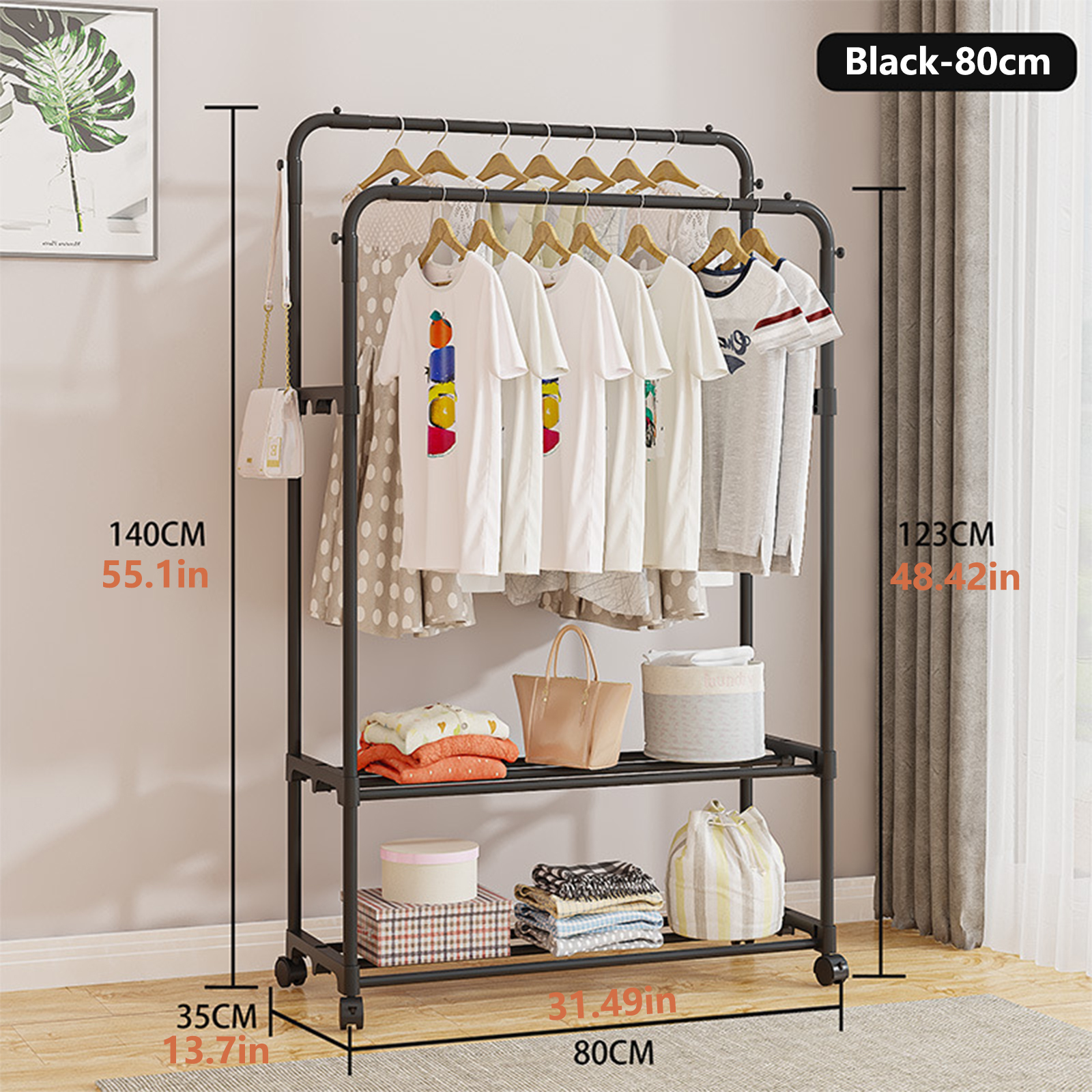 TEMU Double Rods Garment Rack With Wheels, Clothing Rack For Hanging Clothes,4 Hooks, Multi-functional Bedroom Clothes Rack, Black