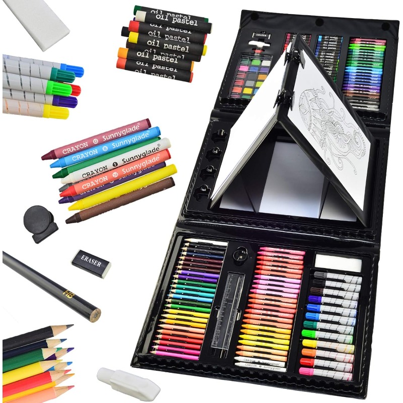 

185- Double- Art Kit, Includes Drawing Supplies As Oil Pastels, Crayons, Colored Pencils, Markers, , Cakes, And In A Box