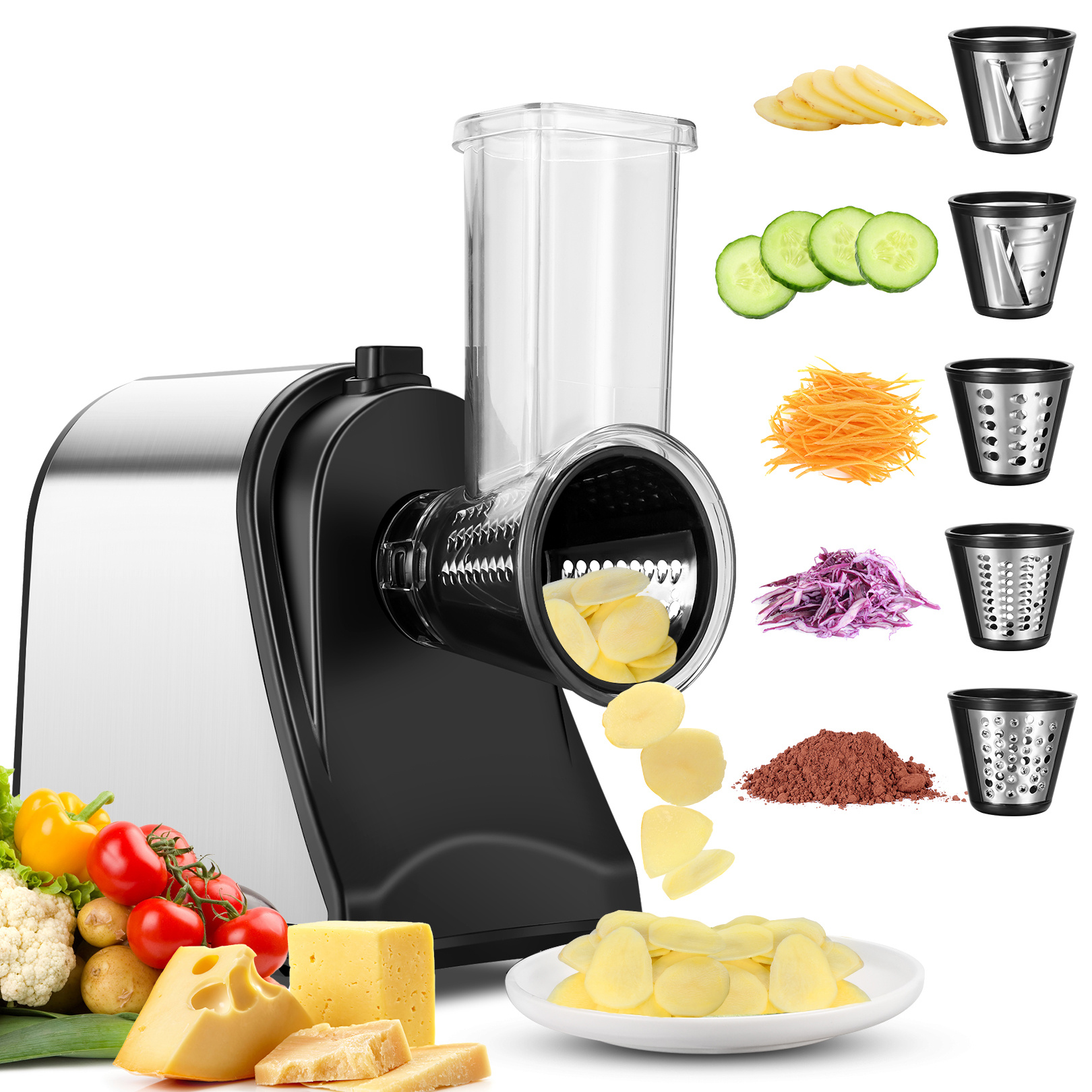 

Homdox Electric Vegetable Cutter, 250w Electric Slicer With 5 Attachments For Home Kitchen Use, Electric Cheese Grater, For Fruits, Cheeses, Veggies