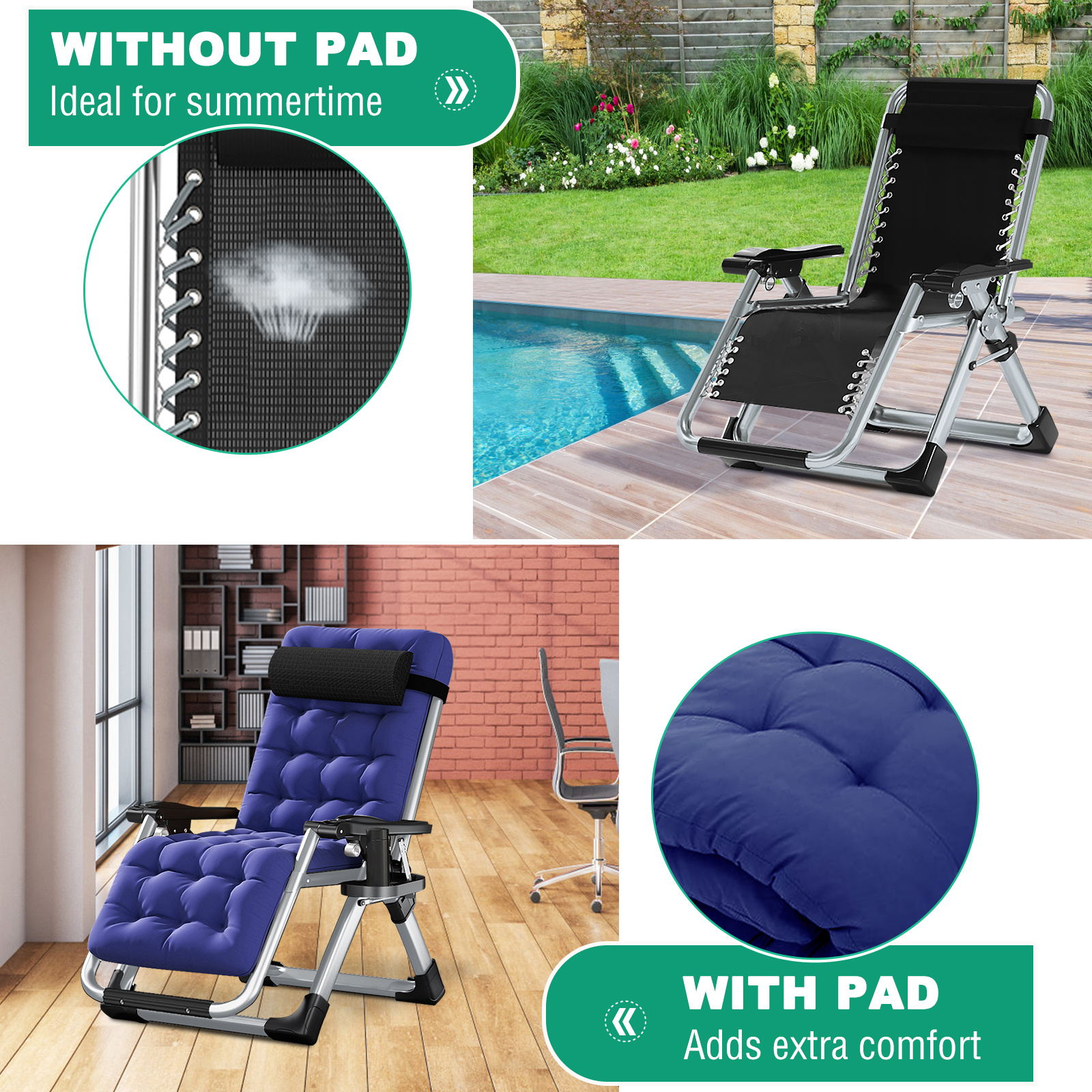 Zero Gravity Chair, Reclining Lounge Chair with Removable Cushion Tray  for Indoor and Outdoor, Patio Recliner Folding Reclining Chair