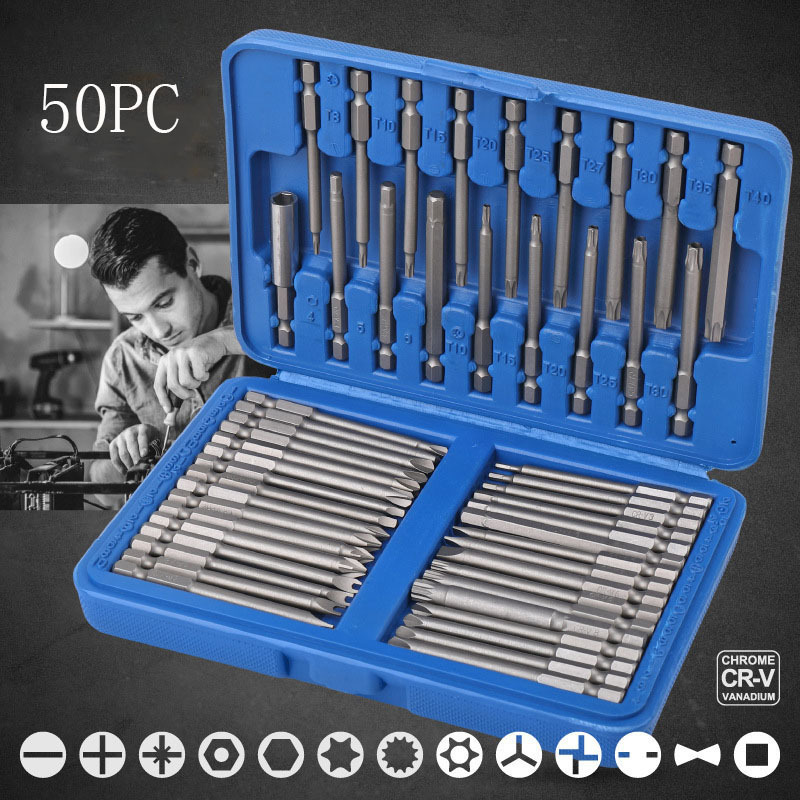 

50pcs Magnetic Screwdriver Bit Set - Extra Long 75mm Safety Bits For 1/4 Screwdrivers - Torx, Star, Hex & Spline Bits