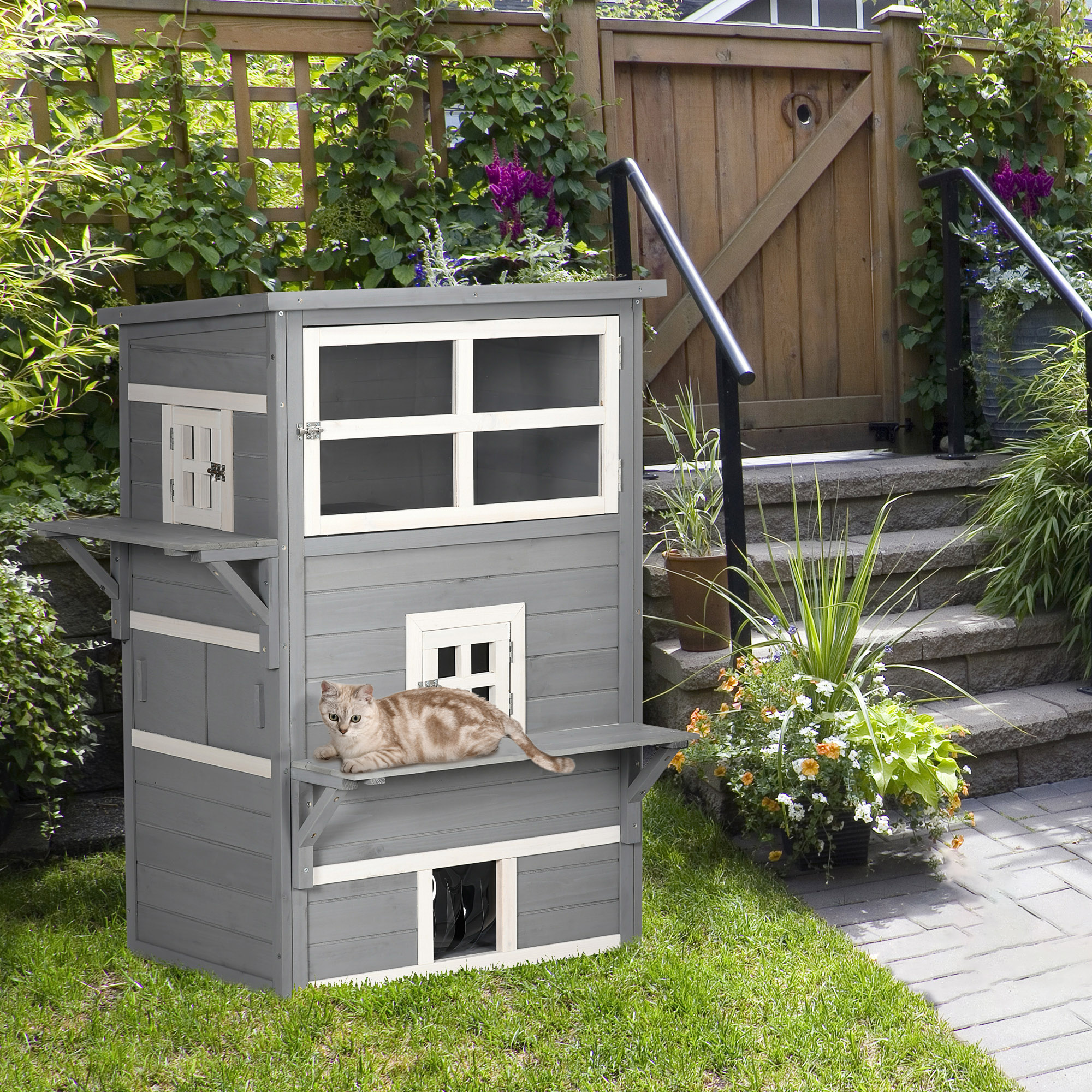 

Pawhut 3-story Cat House Shelter, Outdoor Kitten Condo With Raised Floor, Asphalt Roof, Escape Doors, Jumping Platforms