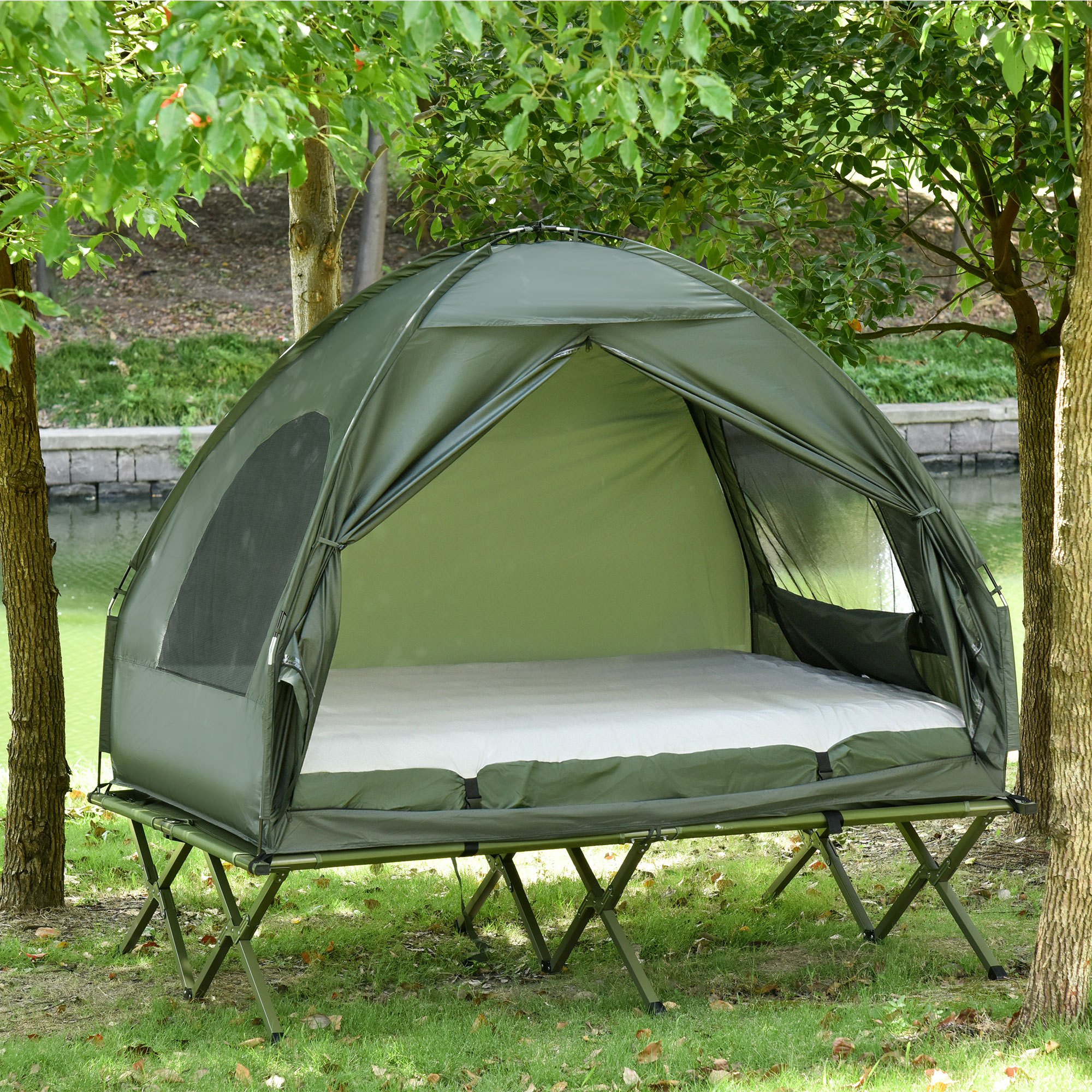   2 person foldable camping cot with tent bedspread and thick air mattress 4 in 1 elevated camping bed tent for outdoor hiking picnic travel