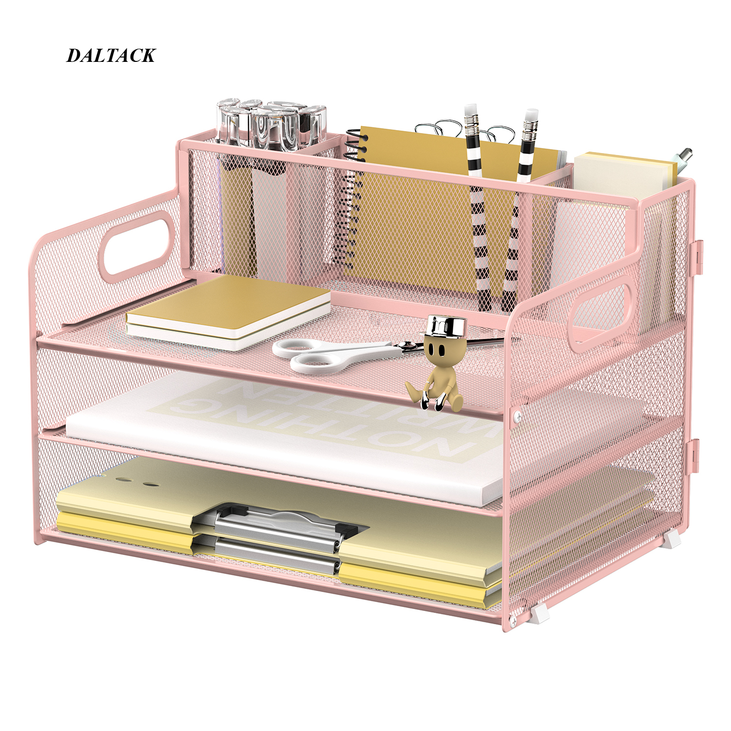 

3-tier Mesh Desk Organizer With Handle - Paper Tray, File Holder, And Pen Holders For Office Supplies