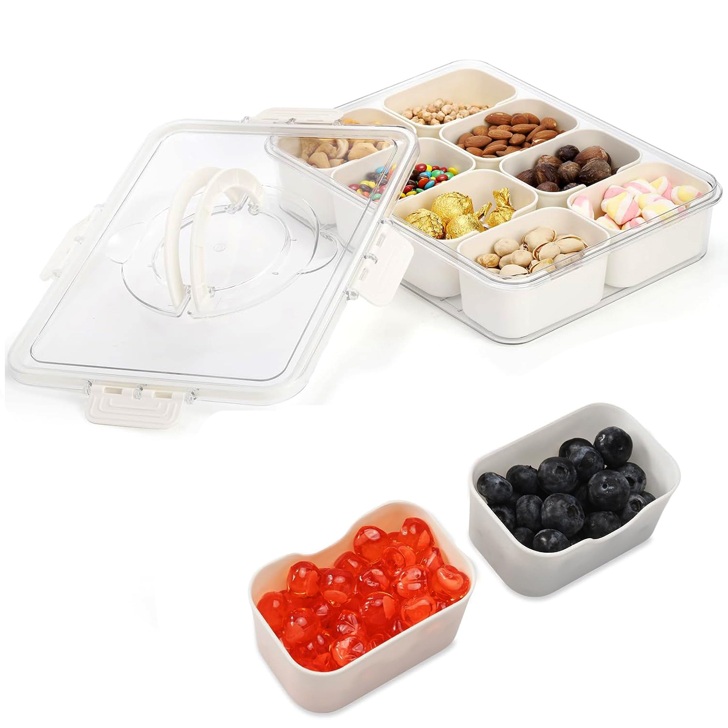 

1pc 2.4l 8 Compartment White Plastic Divided Snack Serving Tray With Lid - Perfect For Fruits, Snacks, Salads & More - Ideal For Kitchen, Dining Room, Travel & Parties