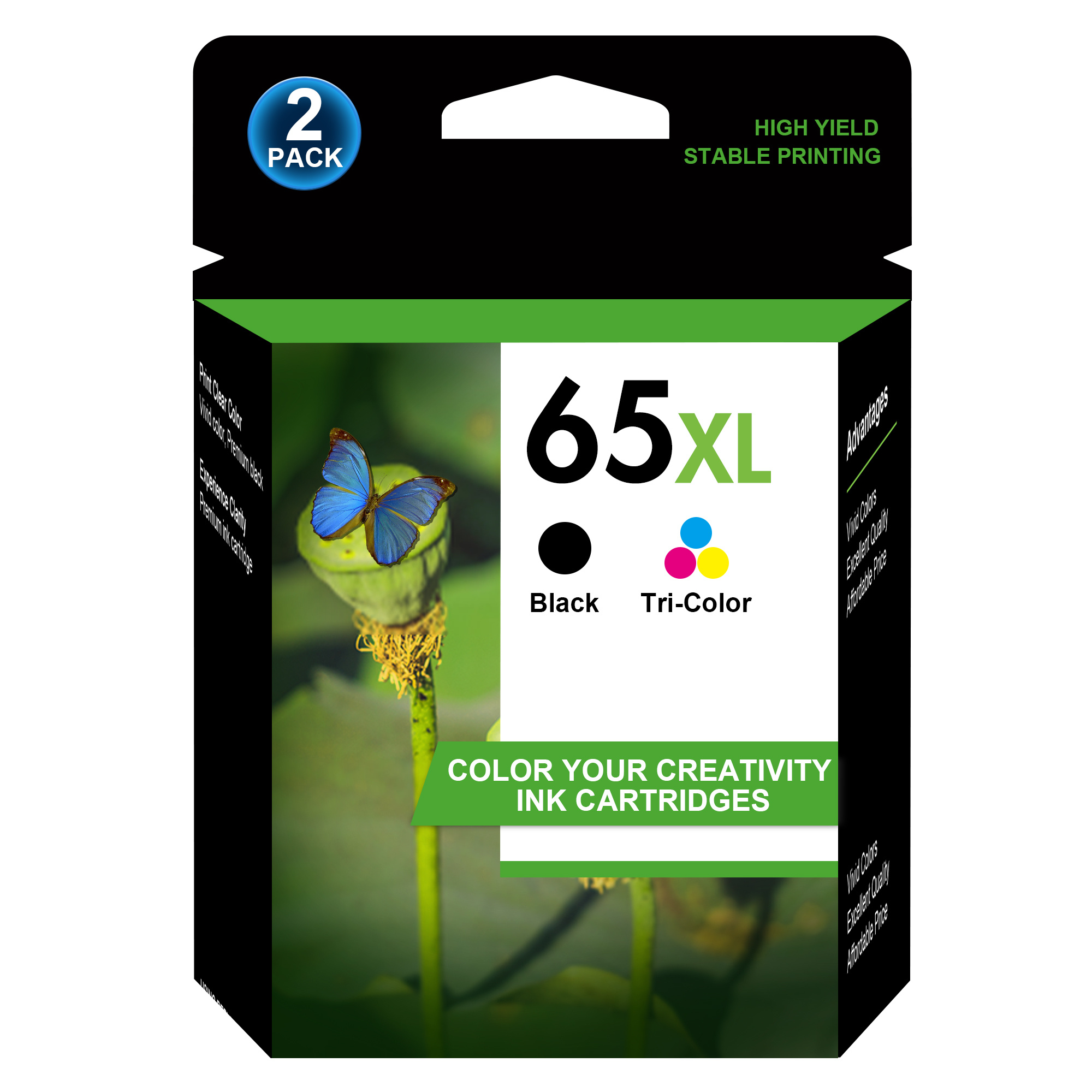 

2 Pack 65xl Ink Cartridges Black And Color High- For Ink 65 65 Xl Works For 3772 3752 3755 3720, 2680 2622 , Envy5055 5058 5052 5014