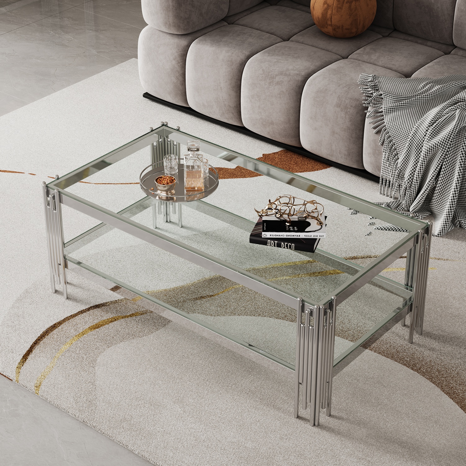 47.24" modern 2tier black glass coffee table with silver stainless
