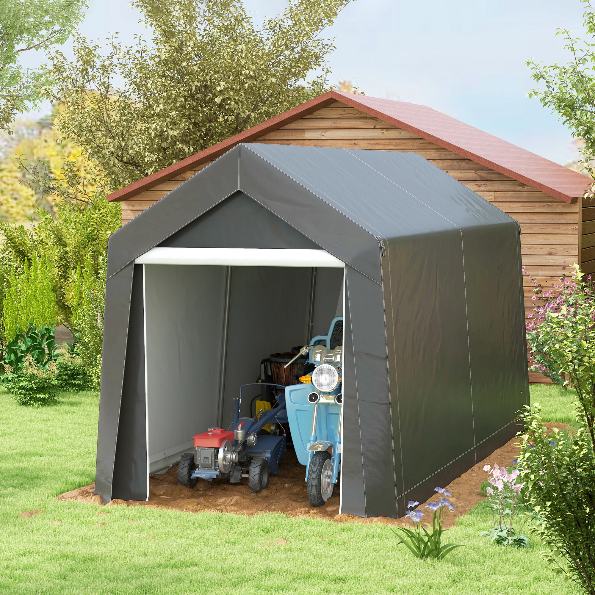 

Outsunny 7' X 12' Garden Storage Tent, Heavy Duty Outdoor Shed, Waterproof Portable Shed Storage Shelter With Ventilation Window And Large Door For Bike, Motorcycle, Garden Tools, Gray