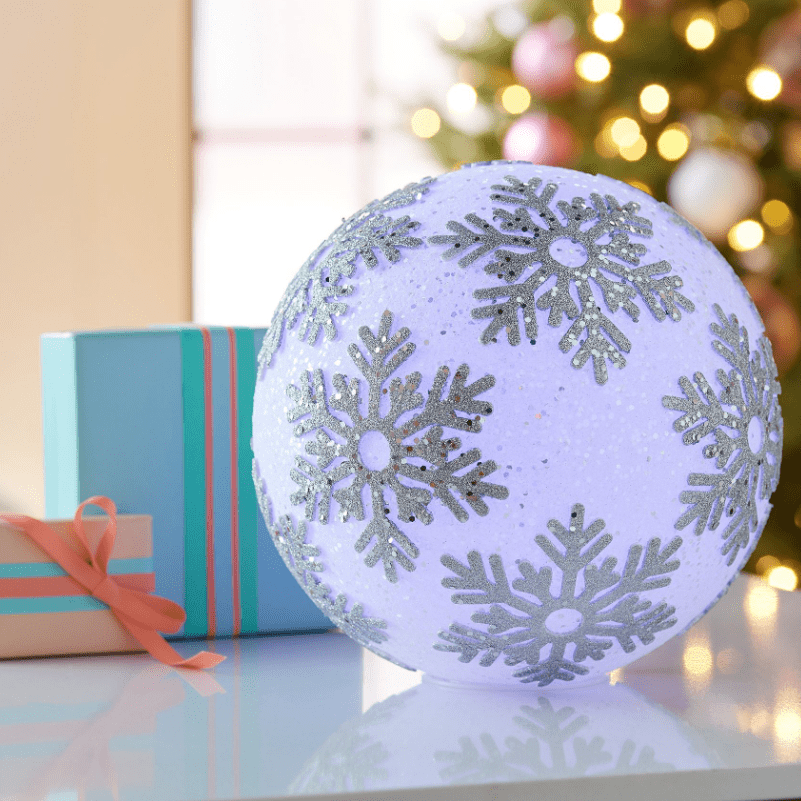 

10" Illuminated Snowflake Glitter Spheres, Cut-out Snowflake Patterns, Glittered Finish, Changing Light Options