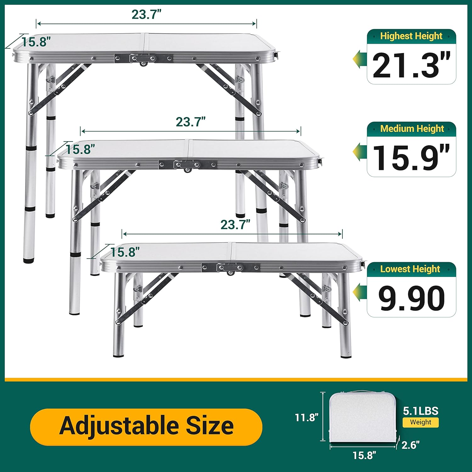 

Versatile Adjustable Height Aluminum Folding Table Lightweight, Portable Design With Carry Handle For Easy Transport Ideal For Indoor, Outdoor, Camping, Beach, And Office Use