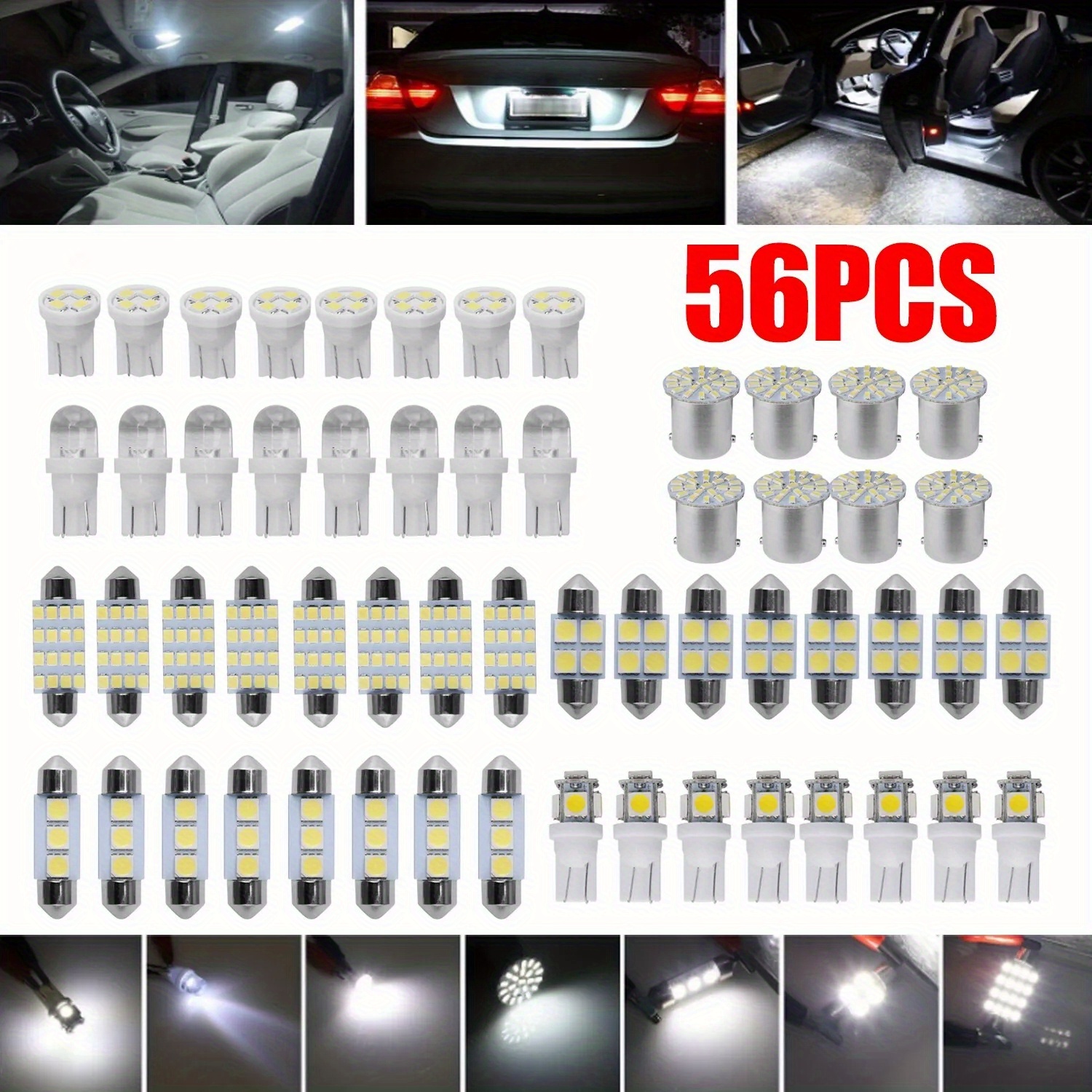 TEMU 56pcs Car Led Combination Set 12v-t10 Width Indicator Dual Pointed Reading Light, Car Interior Combination Led Map Dome Luggage License Plate Indoor Light Bulb