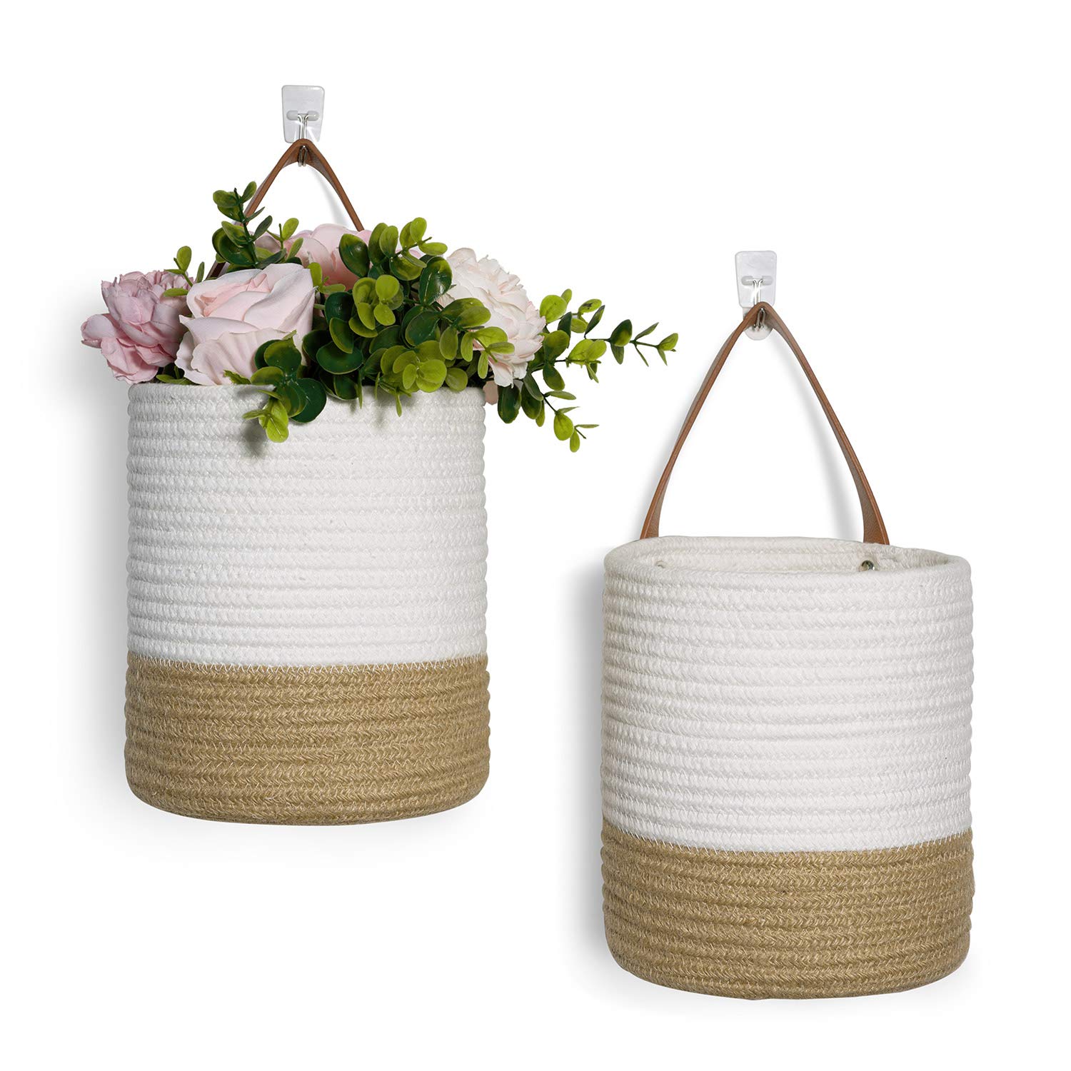 

2 Pack Jute Rope Hanging Basket - Small Woven Fern Wall Hanging Basket Flower Plants, Jute Woven Basket Basket, White And Jute 7.87 X 7 X 11.7 Inches