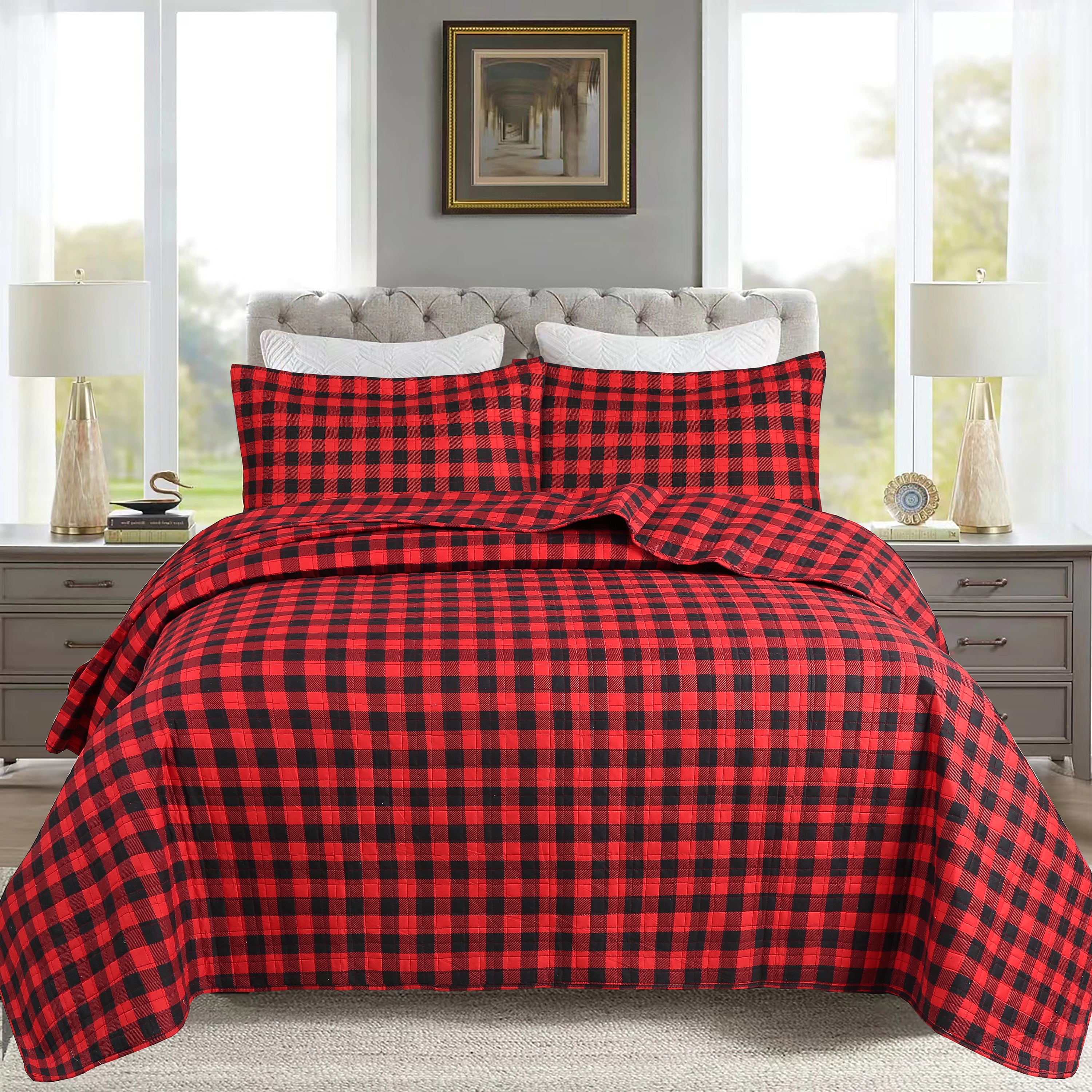 TEMU 3 Pcs Christmas Reversible Quilt Bedspread Set, Red And Black Buffalo Check Gingham Checker Design, Soft Bedding Coverlet For All Season