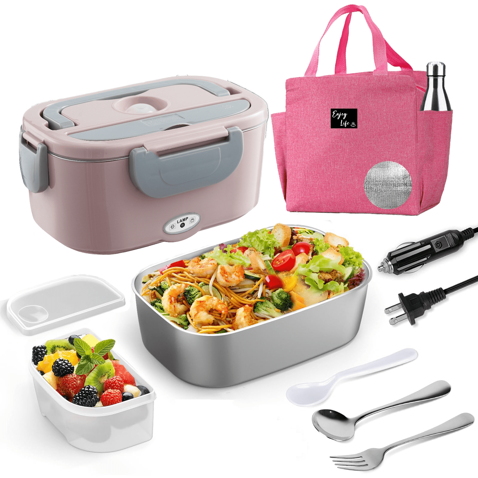 

Electric Lunch Box Heater Portable Food Warmer Leakproof Heated Lunch Box For Car/home/trunk 3 In 1 With 1.5l Removable Stainless Steel Container, Tablewaremeal Bag