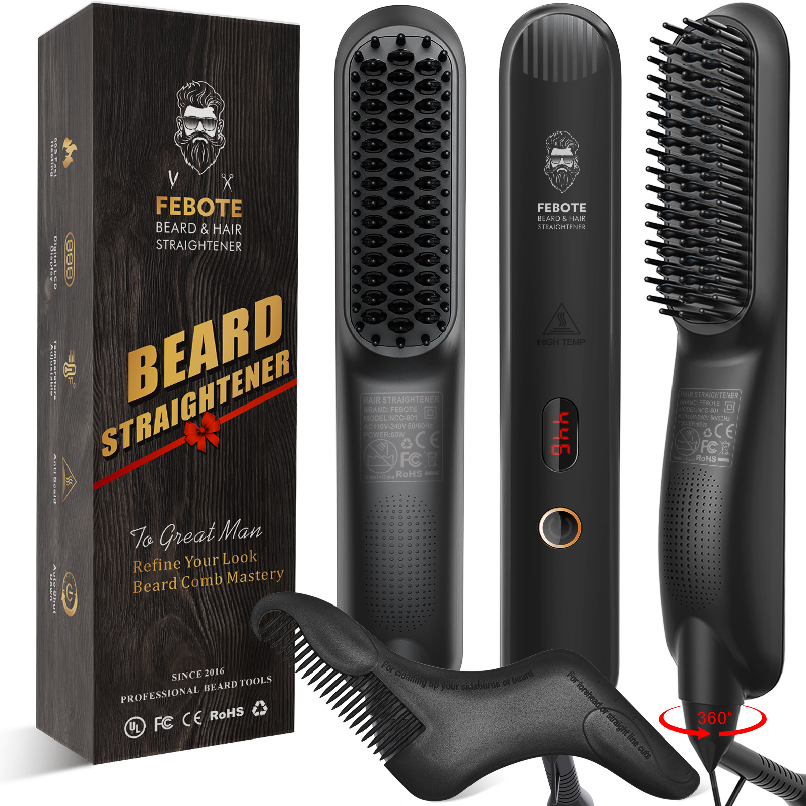 

Hair Straightening Brush For Men - 5 Temperature Settings, Anti-scald, Beard Shaper & Travel Bag