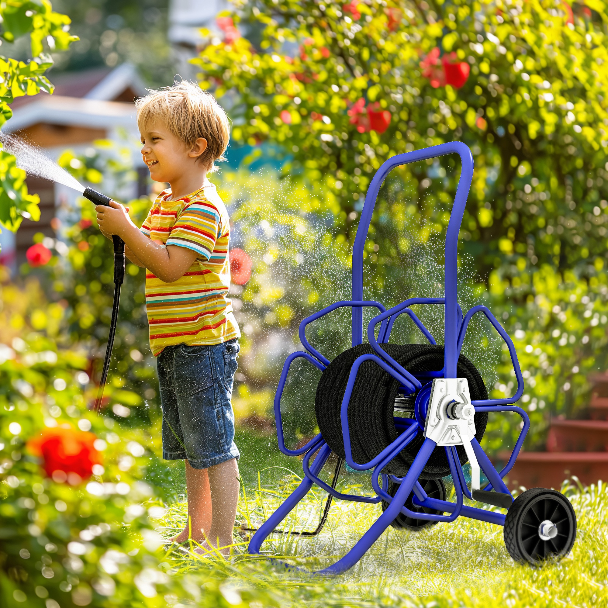 

Outsunny Garden Hose Reel Cart, Hold Up To 98' Of 5/8" Hose (hose Not Included), Portable Water Hose Cart With Wheels For Yard, Lawn, Blue