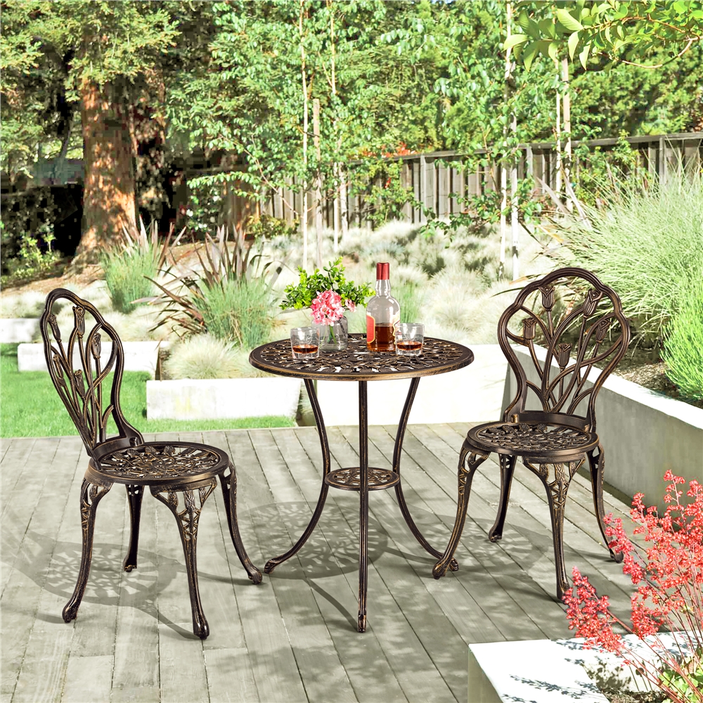 

3 Piece Patio Bistro Table Set With Umbrella Hole, Outdoor Furniture Antique Aluminium Chair Rose Vine Dining Set For Garden Backyard