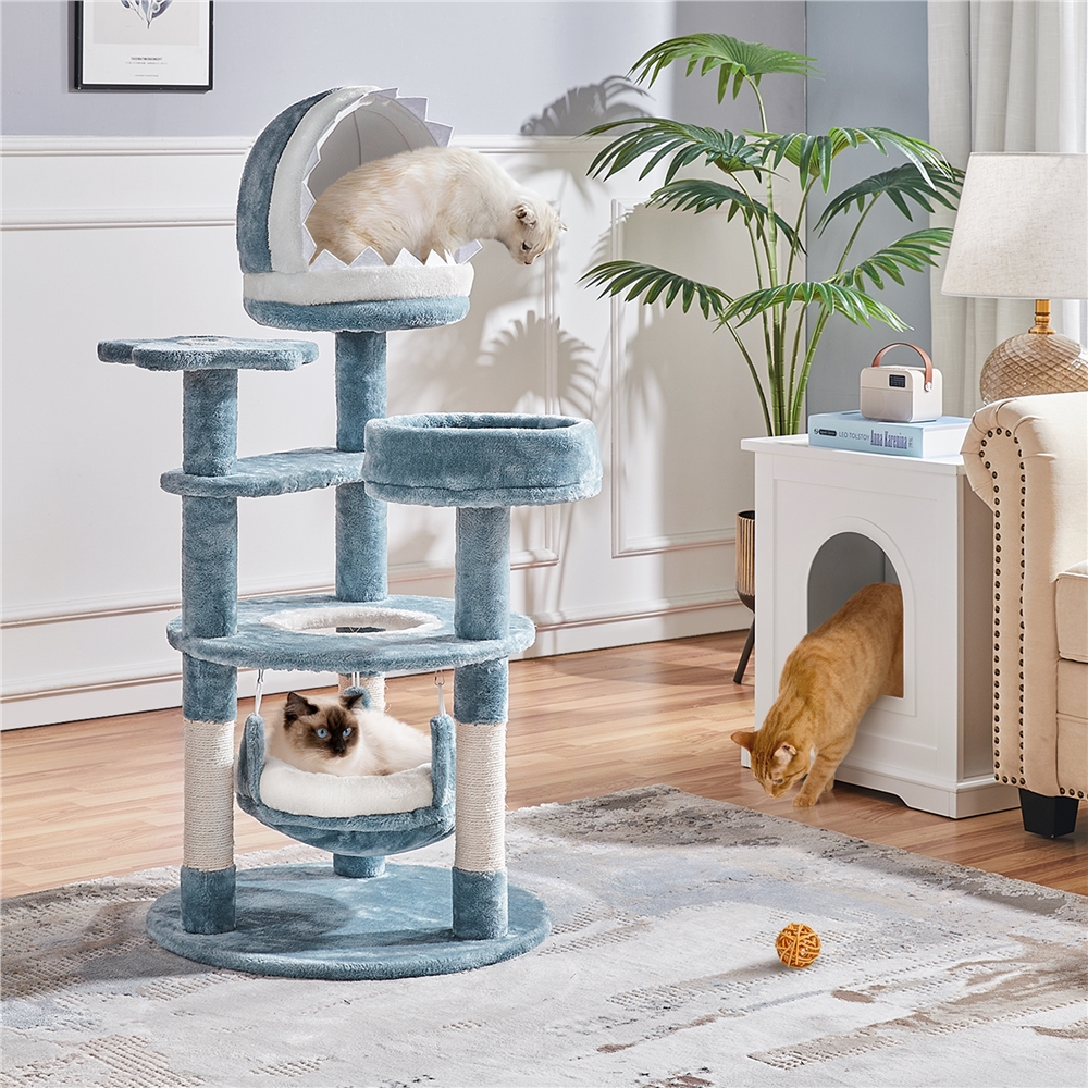 

45.5in Tall Ocean-themed Cat Tree Cat Activity Tree Sea Style Cat Tower Multi-level Cat Climbing Tree Plush Cat Tower With 3 Sisal Scratching Posts And 3 Perches