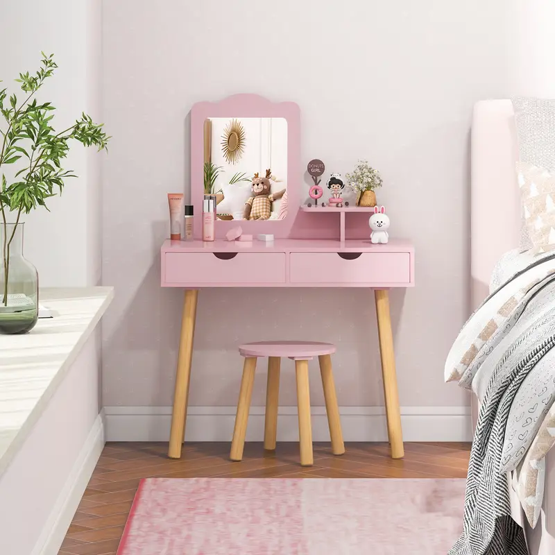 pink dressing table and chair Girls Dressing Table with Mirror and Stool