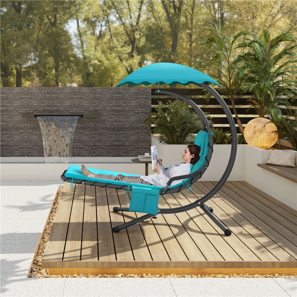 

Outdoor Hanging Chaise Lounger With Stand Swinging Lounge Chair With Built-in Pillow And Removable Uv Protection Canopy