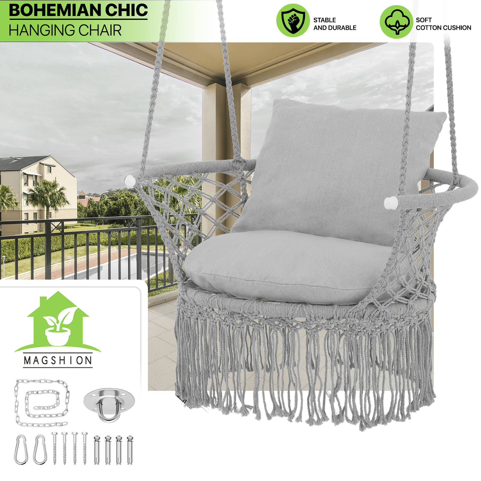 

Macrame Hanging Swing Chair, Style Cotton Rope Chair W/tassels Max 350 Lbs For Porch, Balcony,outdoor Only