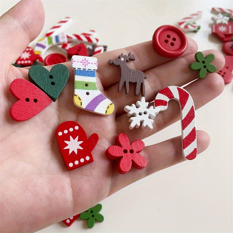 

50pcs Wooden Decorative Buttons - Mixed Patterns Of Christmas Trees, Snowflakes, And Gloves - For Handmade Diy Stickers, Making Christmas Cards, Scrapbooks, Headwear, And Decorations Gift