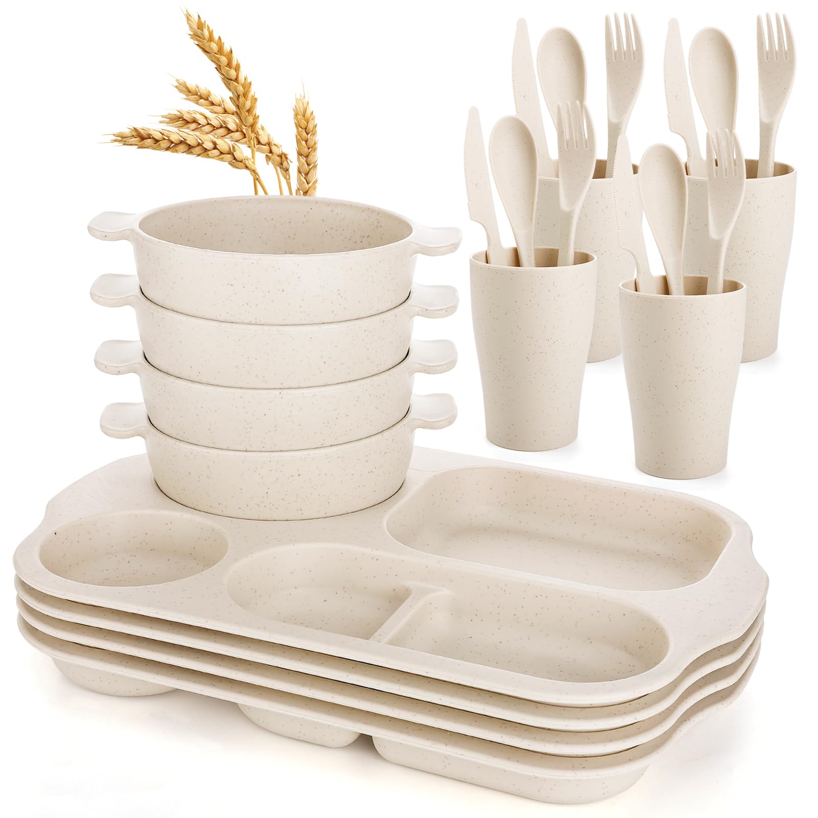 

24pcs/set Durable Wheat Straw Dinnerware Set - Microwave & Dishwasher Safe - Reusable Plates, Bowls, And Cups Unbreakable Plastic Outdoor Camping Dishes, Biige (set Of 4) Perfect For Everyday Use