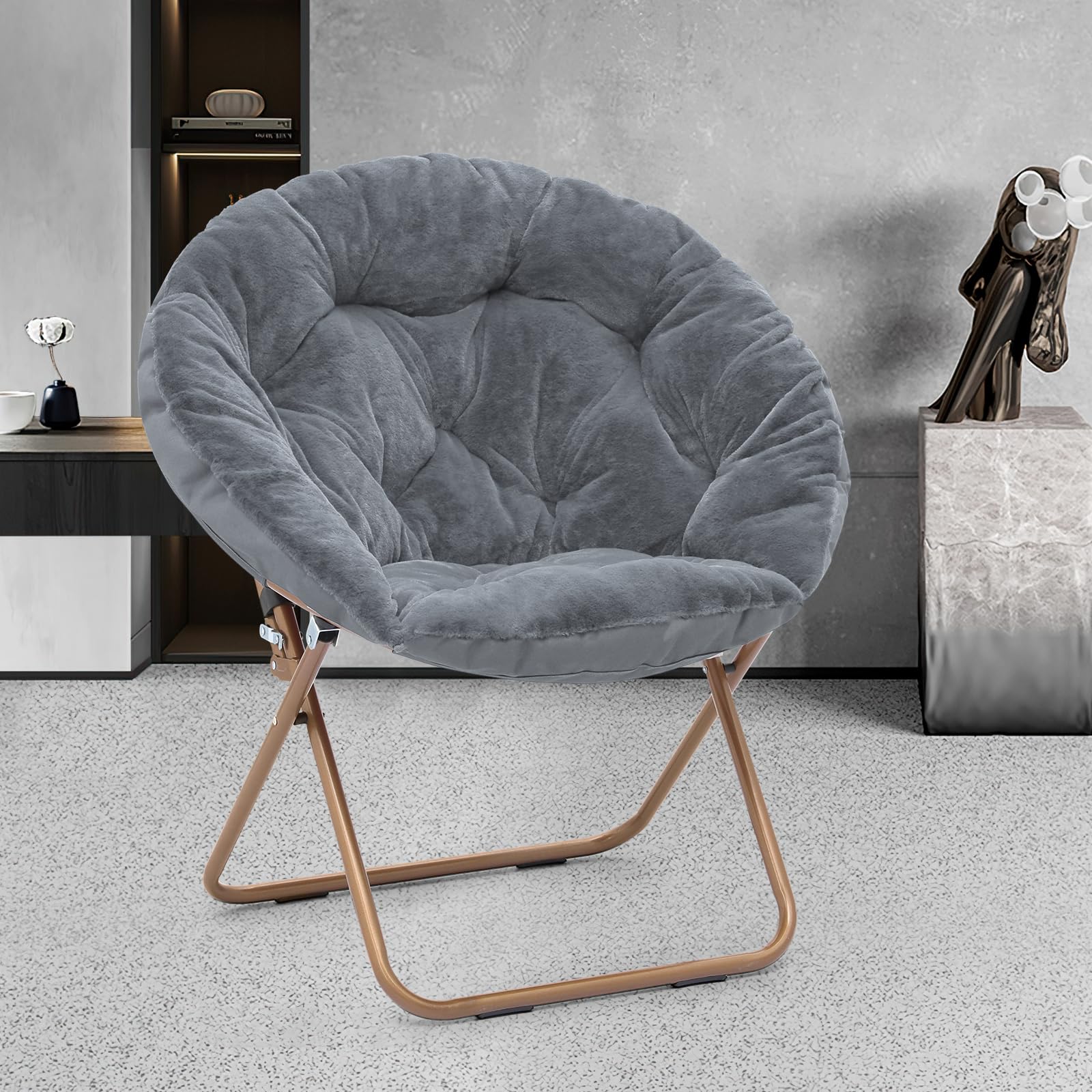 

20.87'' Width Saucer Chair Faux Fur Folding Cute Comfy Cozy Lounge Flexible Seating Round For Bedroom Living Room