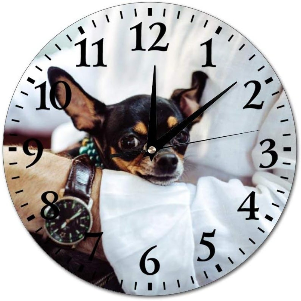 

Wall Clocks Holding Black Chihuahua During Daytime Round Glass Wall Clock, Wall Decor Clocks For Kitchen, Office, Retro Hanging Clock, Home Decor Accessories, Christmas Gifts, Best Friend Gift