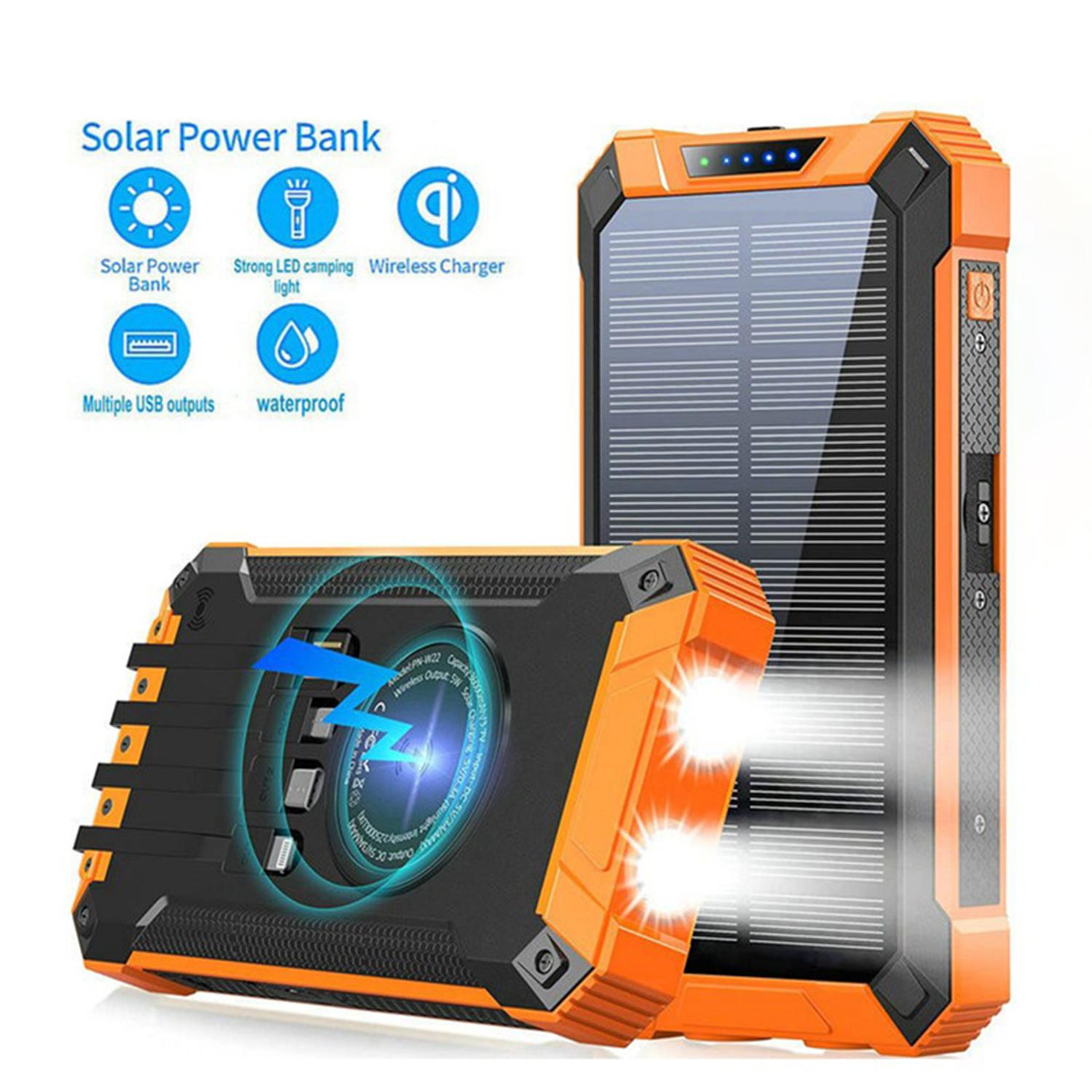 

Solar Power Bank, Wireless Charger Built In 6 Outputs 15w 10000mah Fast Charging Power Bank For All Mobile Devices 3 Inputs Solar Portable Charger With Dual Flashlights, Carabiner Accessories Phone