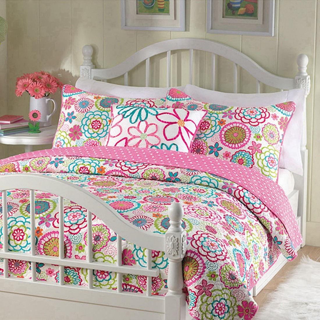 TEMU Pink Floral Polka Reversible Quilt Bedding Set, Lightweight Bedspread Coverlet For All