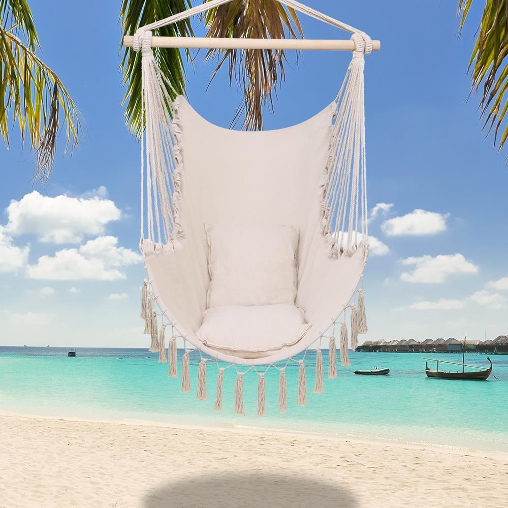 

Hammock Chair Hanging Rope Swing Seat With 2 Cushions Perfect For Indoor Outdoor Beige