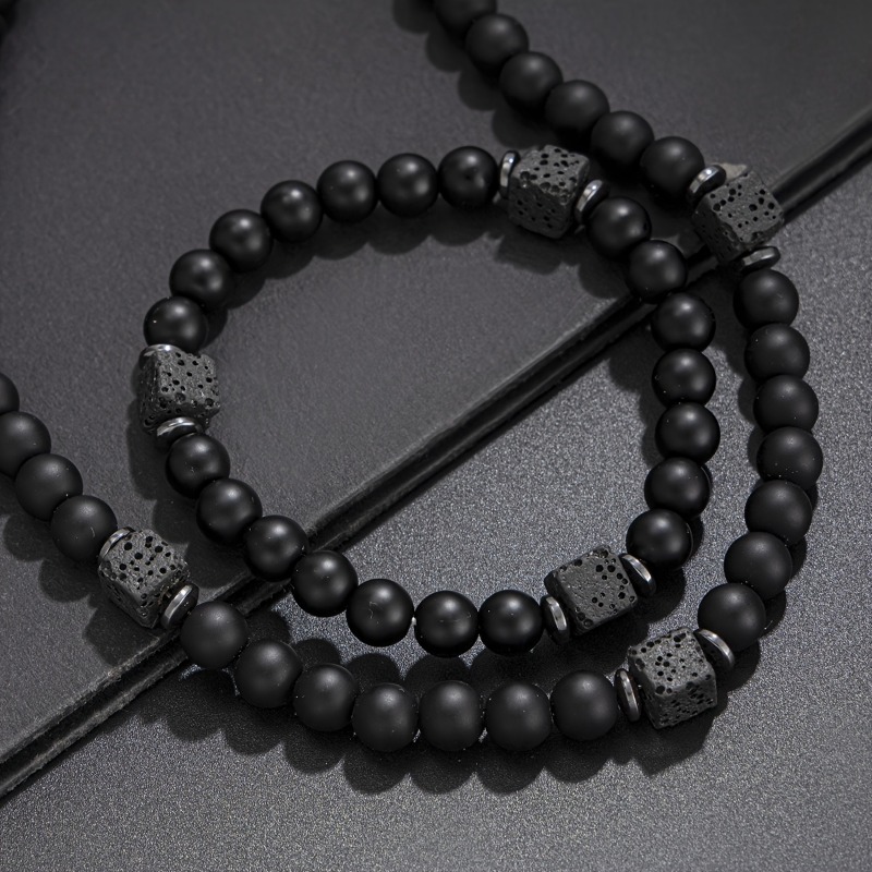 

Men's Vintage Style Volcanic Stone Beaded Necklace And Bracelet Set - Fashionable And Versatile Hip-hop Style Clothing Matching Decoration