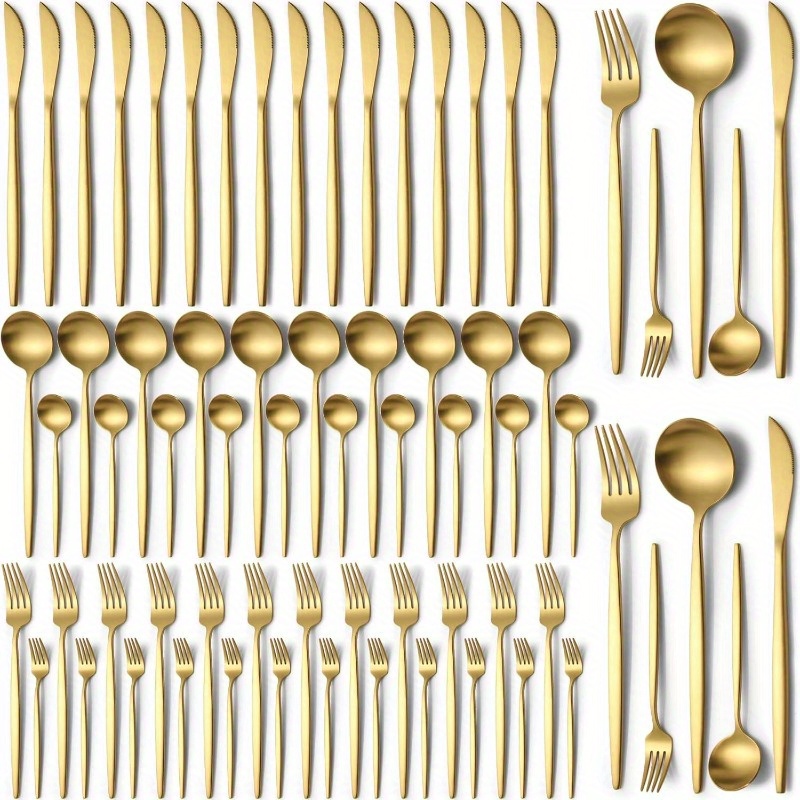 

Gold Silverware Set 60 Piece Service For 20, Titanium Gold Plated Stainless Steel Flatware Set, Knives Forks Spoons Cutlery Set For Wedding, Parties, Birthday, Restauroom, Dishwasher Safe