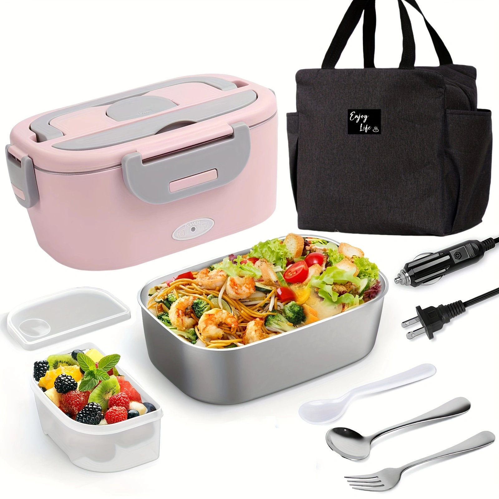 

Electric Lunch Box Heater Portable Food Warmer Leakproof Heated Lunch Box For Car/home/trunk 3 In 1 With 1.5l Removable Stainless Steel Container, Tablewaremeal Bag