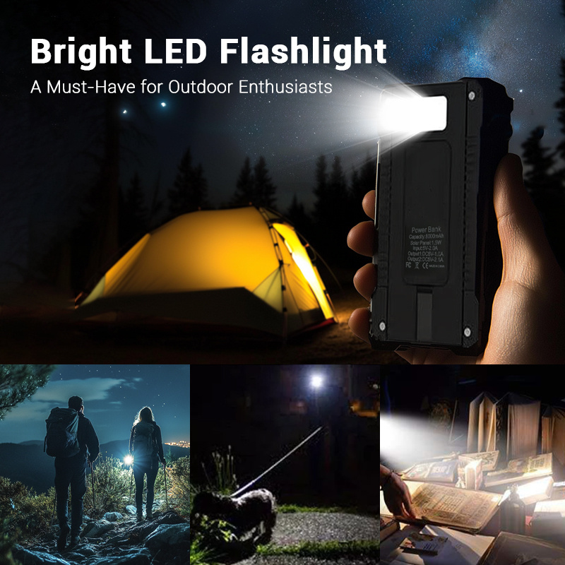 

8000mah Portable Solar Power Bank,gift For Christmas Halloweeen, 1 Piece Dual Usb Port Power Bank With Led Light, Hanger, Compass