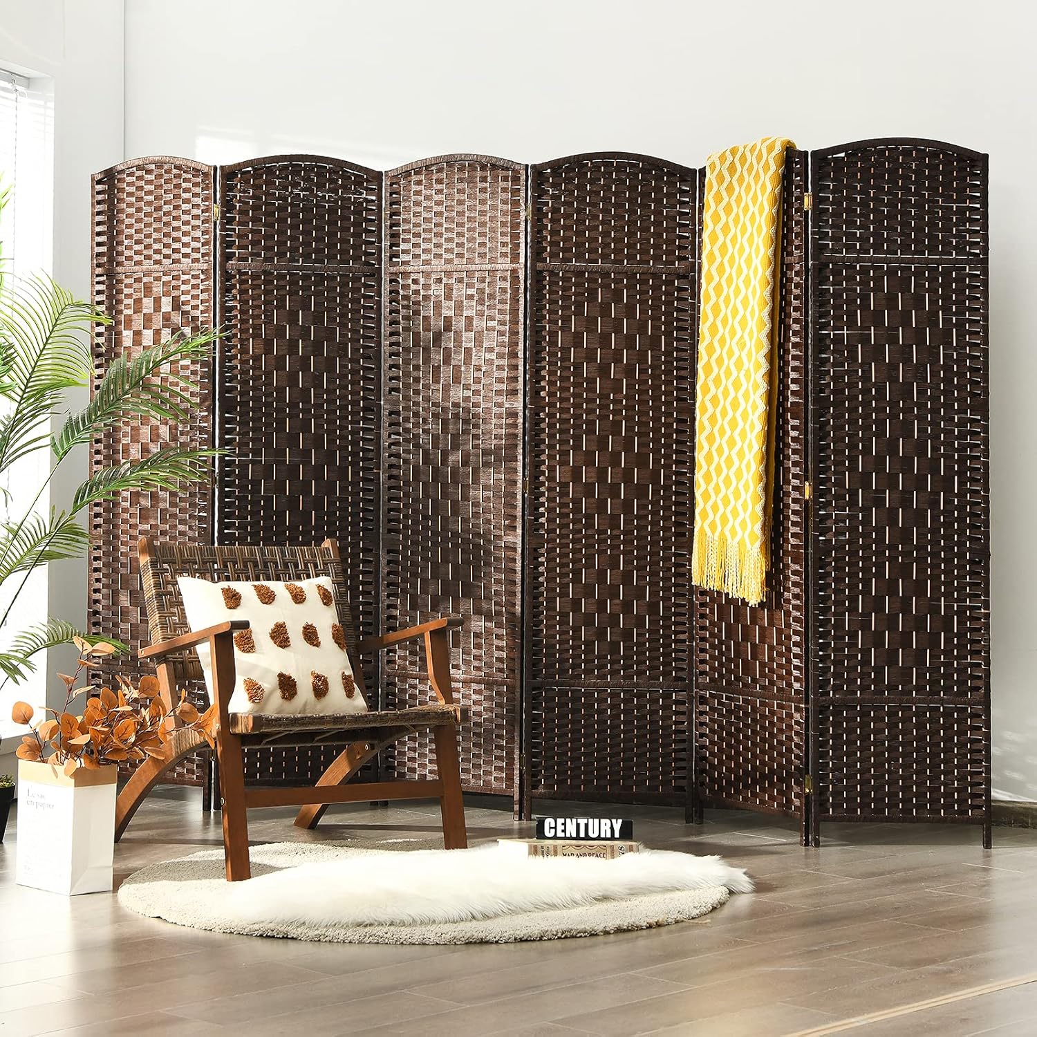 Costway 6 Panel 6 Ft Tall Room Divider, Freestanding Wood Partition Room Divider Panel with Hand-Made Woven Paper Fiber, Room Dividers and Folding Privacy Screens for Bedroom, Small Space, Black/Brown