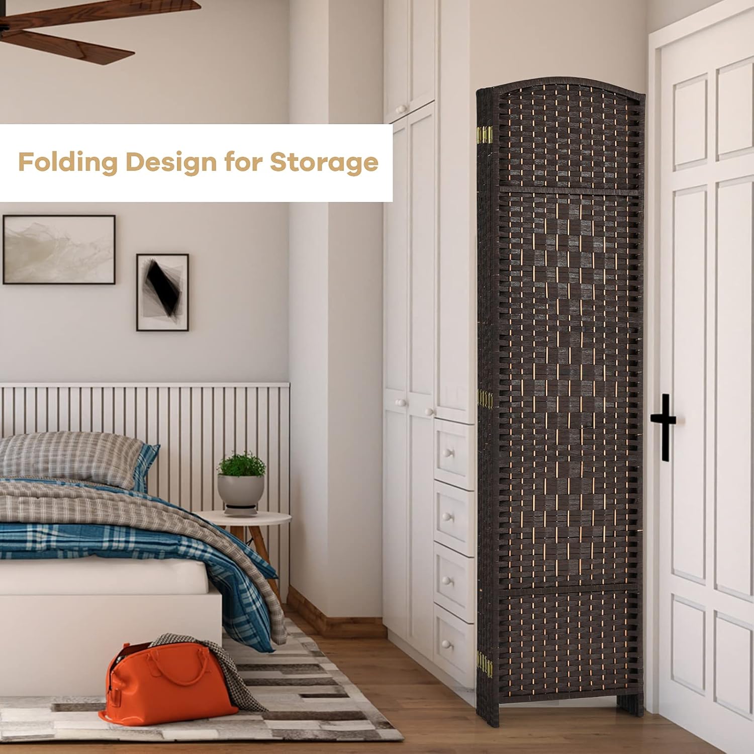 Costway 6 Panel 6 Ft Tall Room Divider, Freestanding Wood Partition Room Divider Panel with Hand-Made Woven Paper Fiber, Room Dividers and Folding Privacy Screens for Bedroom, Small Space, Black/Brown