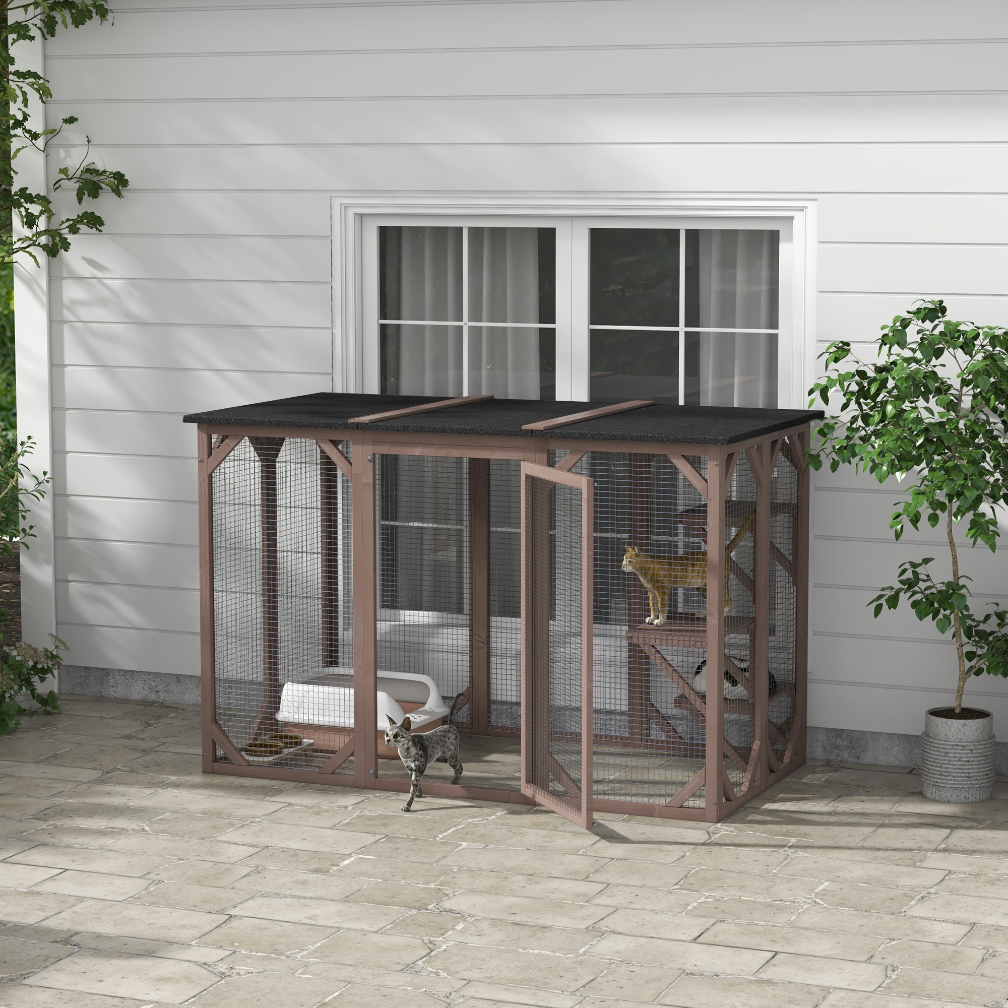 Outdoor Cat House, Wooden Feral Cat Shelter, Cat Cage With Platforms