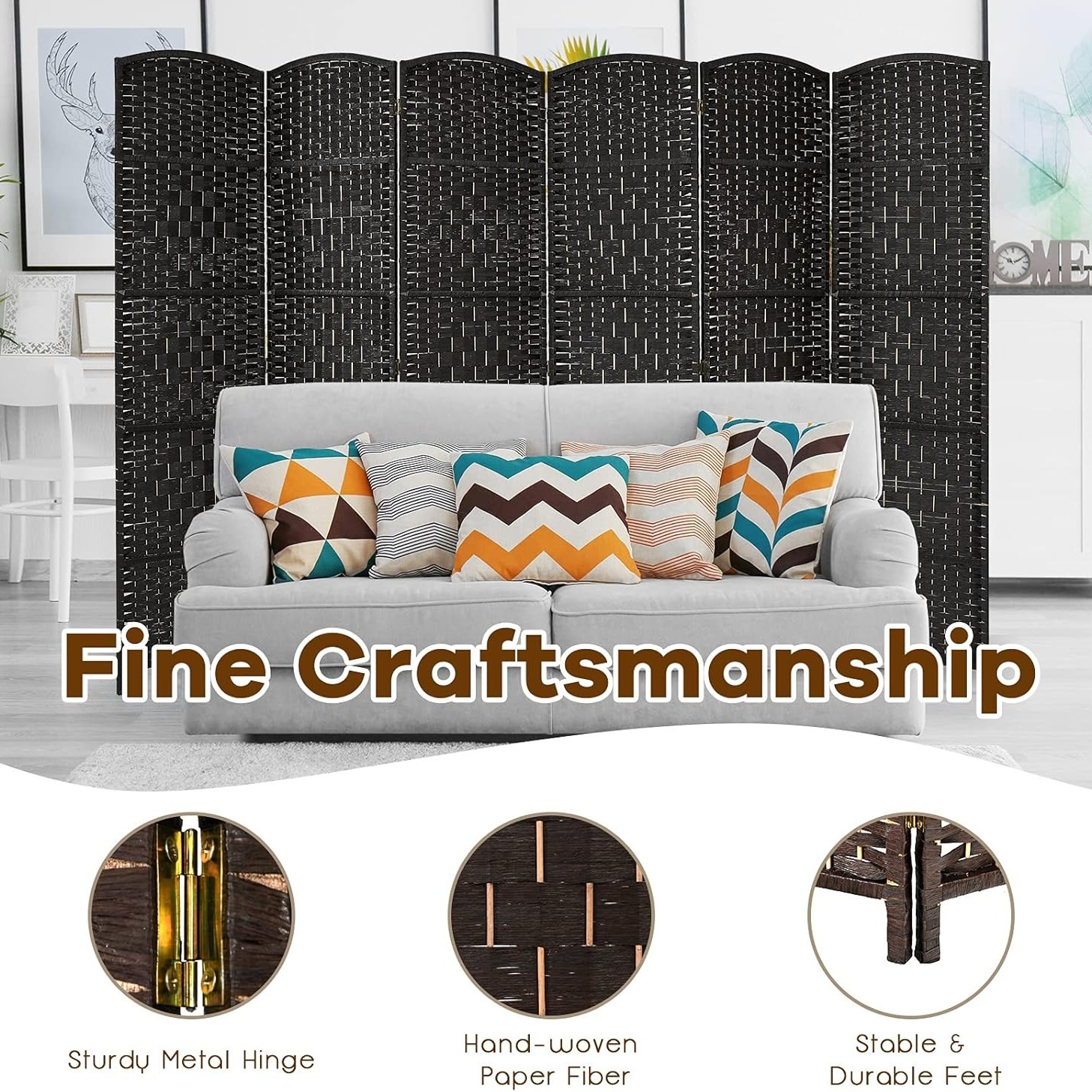 Costway 6 Panel 6 Ft Tall Room Divider, Freestanding Wood Partition Room Divider Panel with Hand-Made Woven Paper Fiber, Room Dividers and Folding Privacy Screens for Bedroom, Small Space, Black/Brown
