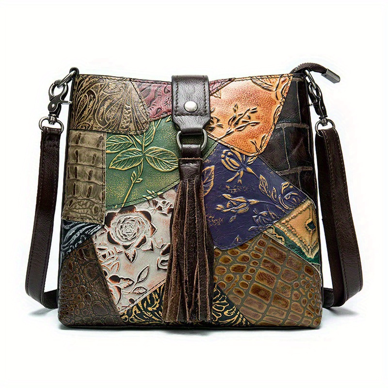 

Genuine Leather Boho Chic Multi-color Patchwork Handbag With Crocodile Texture And Floral Design - Exquisite Tassels & Metal Buckles - Perfect For Urban Womens Daily & Business Use