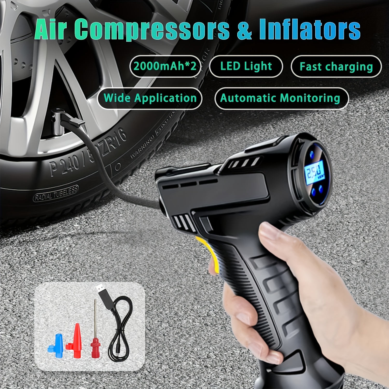 TEMU Car Inflators, Cordless Air , Portable Pumps, Car Tires, Rechargeable Lithium-ion Batteries, Adapters, Digital Pressure Gauges, Hand-held Tire Pumps, Send , Send , Gifts