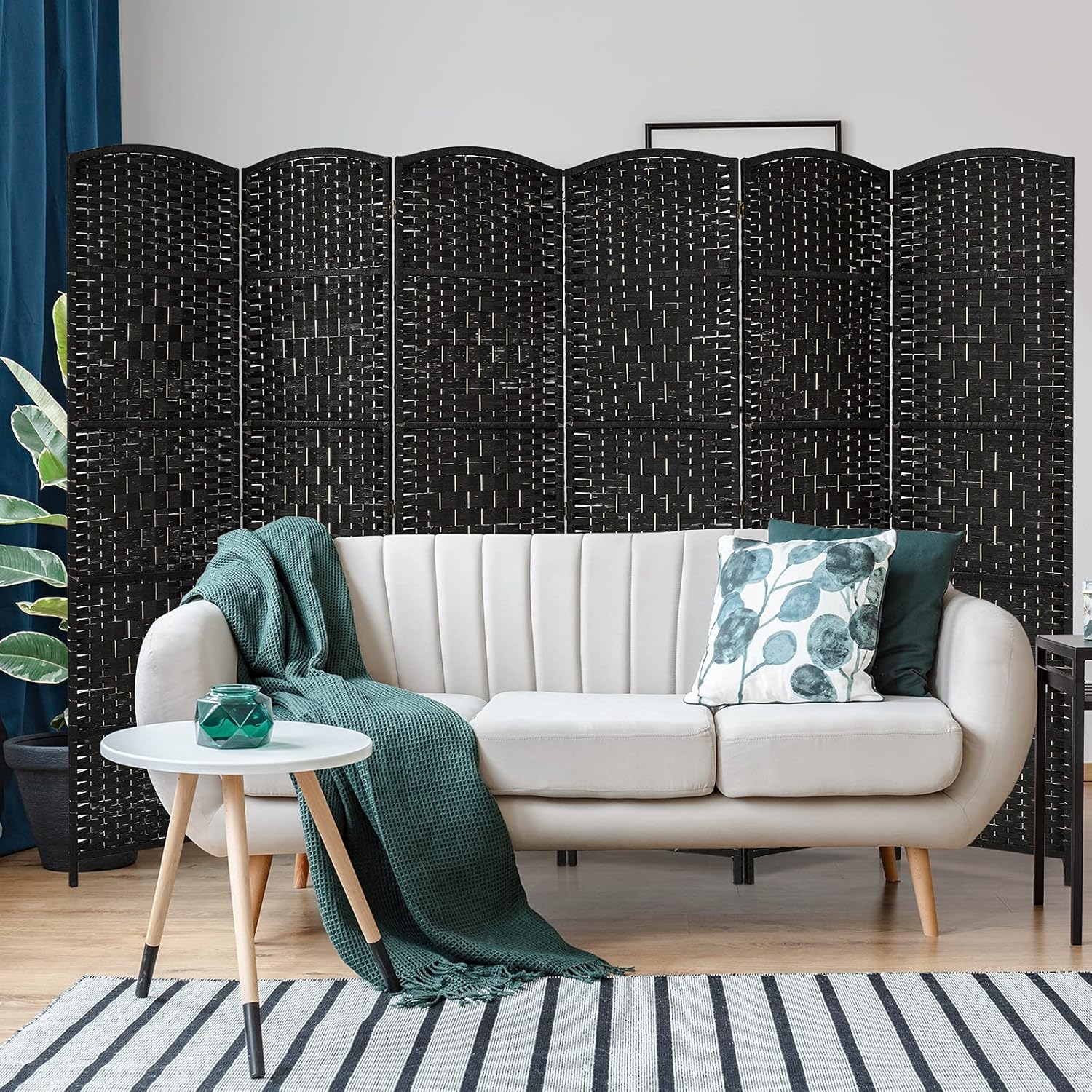 Costway 6 Panel 6 Ft Tall Room Divider, Freestanding Wood Partition Room Divider Panel with Hand-Made Woven Paper Fiber, Room Dividers and Folding Privacy Screens for Bedroom, Small Space, Black/Brown