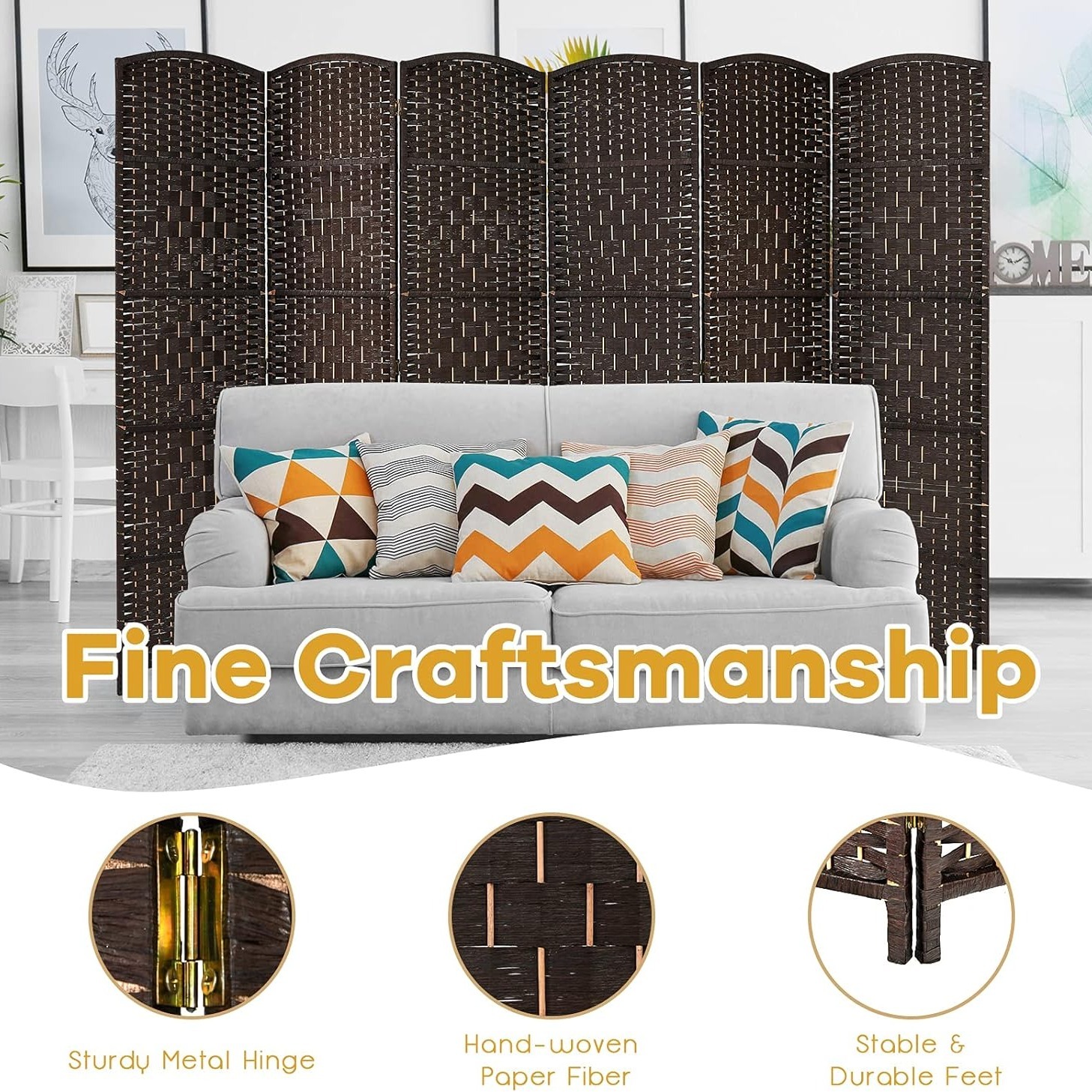 Costway 6 Panel 6 Ft Tall Room Divider, Freestanding Wood Partition Room Divider Panel with Hand-Made Woven Paper Fiber, Room Dividers and Folding Privacy Screens for Bedroom, Small Space, Black/Brown